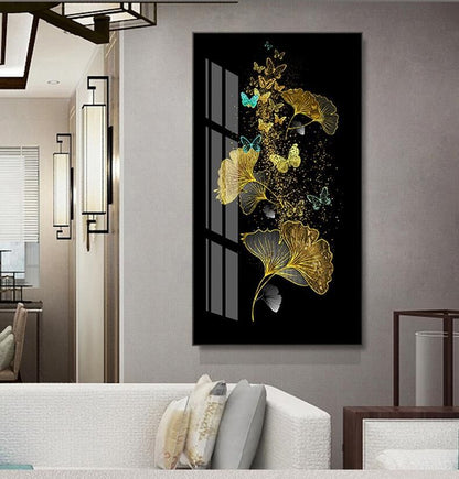 Golden Abstract Banana Leaf 5D Crystal Porcelain Painting