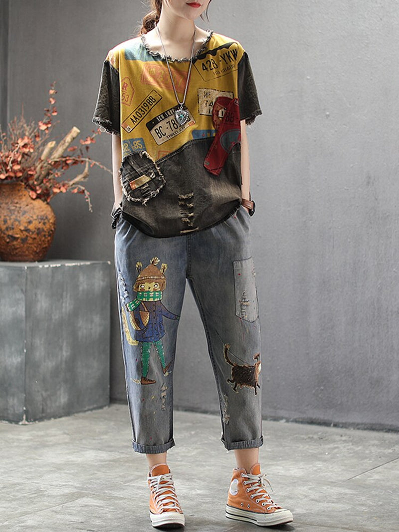 Max Lulu 2022 New Summer European Fashion Style Ladies Vintage Tee Shirts Women Denim Patchwork Ripped Tshirts Casual Streetwear