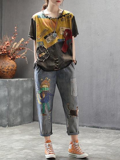 Max Lulu 2022 New Summer European Fashion Style Ladies Vintage Tee Shirts Women Denim Patchwork Ripped Tshirts Casual Streetwear