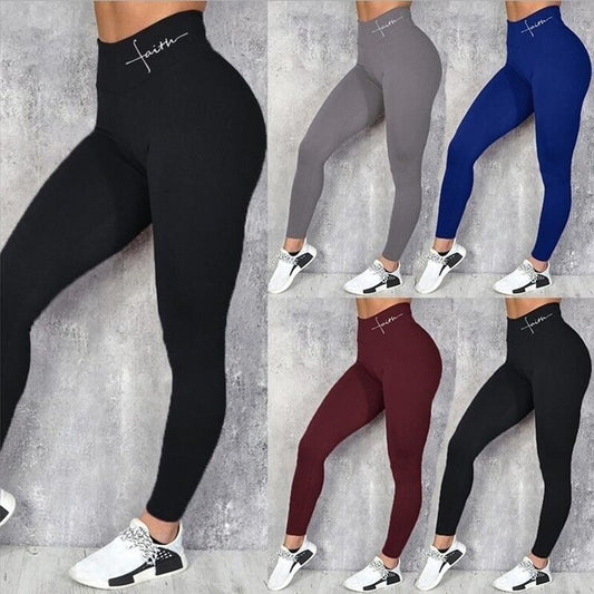 Women'S Fashion High Waist Skinny Leggings 'Faith' Letter Print Yoga Pants Slim Fit Gym Stretchy Sports Trousers