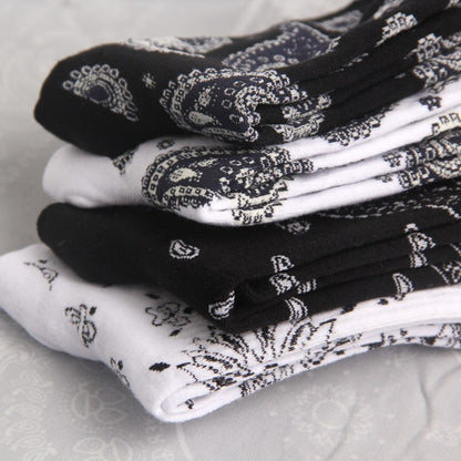 Black White Cotton Funny Flower Socks Bandanna Paisley West Coast Black Hiphop Pop Top Street Skate Fashion Skateboard Youth