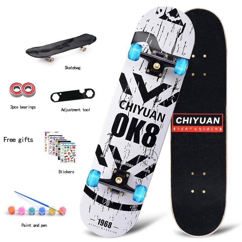 80CM 7-Tier Maple Skateboard Hard Wheel Alluminum Alloy Trucks Double Tilt Skateboard Skatepark Skate Boards for Children Adults