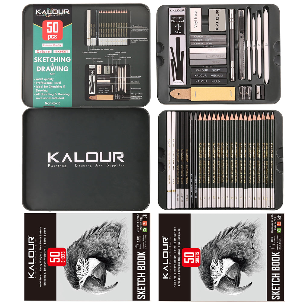 52pcs Sketching and Charcoal Pencil Drawing Set in Tin Box With 2 Sketch Pad