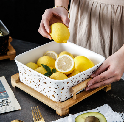 Ceramic Square Bowl with Bamboo Wood Tray