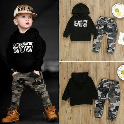 Boy's 2pcs Black Letter Boys Hooded Sweater & Camouflage Pants Set