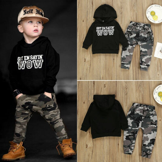 Boy's 2pcs Black Letter Boys Hooded Sweater & Camouflage Pants Set
