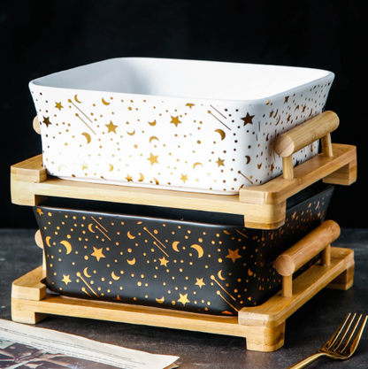 Ceramic Square Bowl with Bamboo Wood Tray