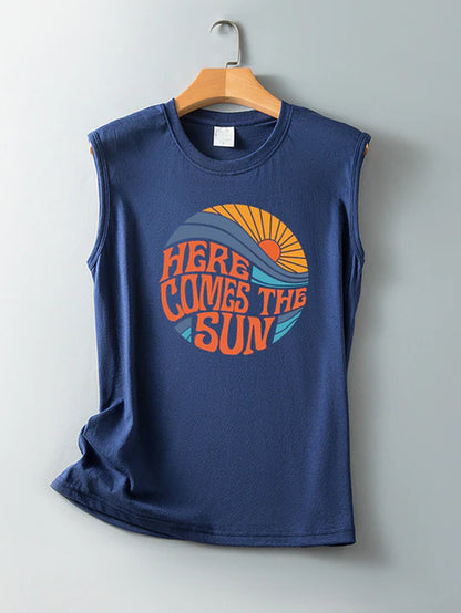 Here Comes the Sun Printed Funny Women T Shirt Sleeveless round Neck Summer T Shirt Femme Clothes Vintage Graphic Tees Tops 2022