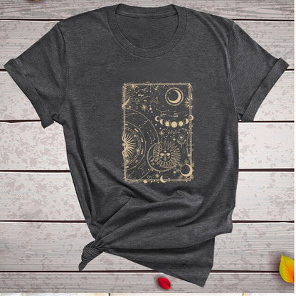 Moon and Sun Print Vintage Women T Shirt Aesthetic round Neck Loose Summer Tshirt Casual Graphic Tees Tops Woman Ropa Mujer