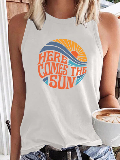 Here Comes the Sun Printed Funny Women T Shirt Sleeveless round Neck Summer T Shirt Femme Clothes Vintage Graphic Tees Tops 2022