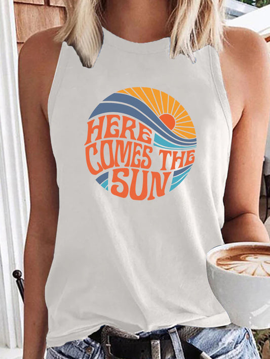 Here Comes the Sun Printed Funny Women T Shirt Sleeveless round Neck Summer T Shirt Femme Clothes Vintage Graphic Tees Tops 2022
