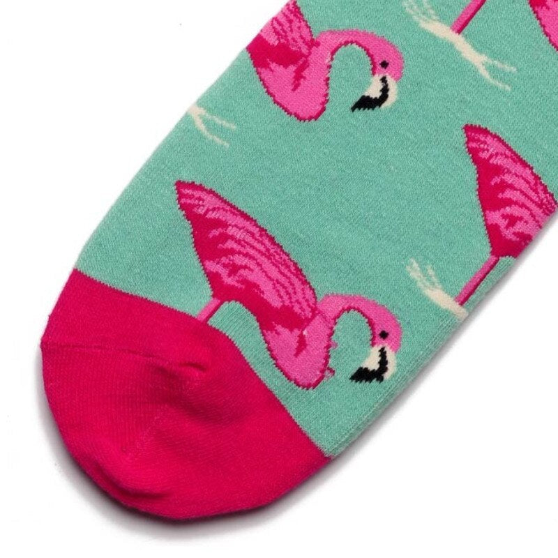 Women Socks Pink Green Cartoon Animals Flamingos Printed Harajuku Cute Funny Colorful Happy Female Casual Hip Hop Skate Hosiery