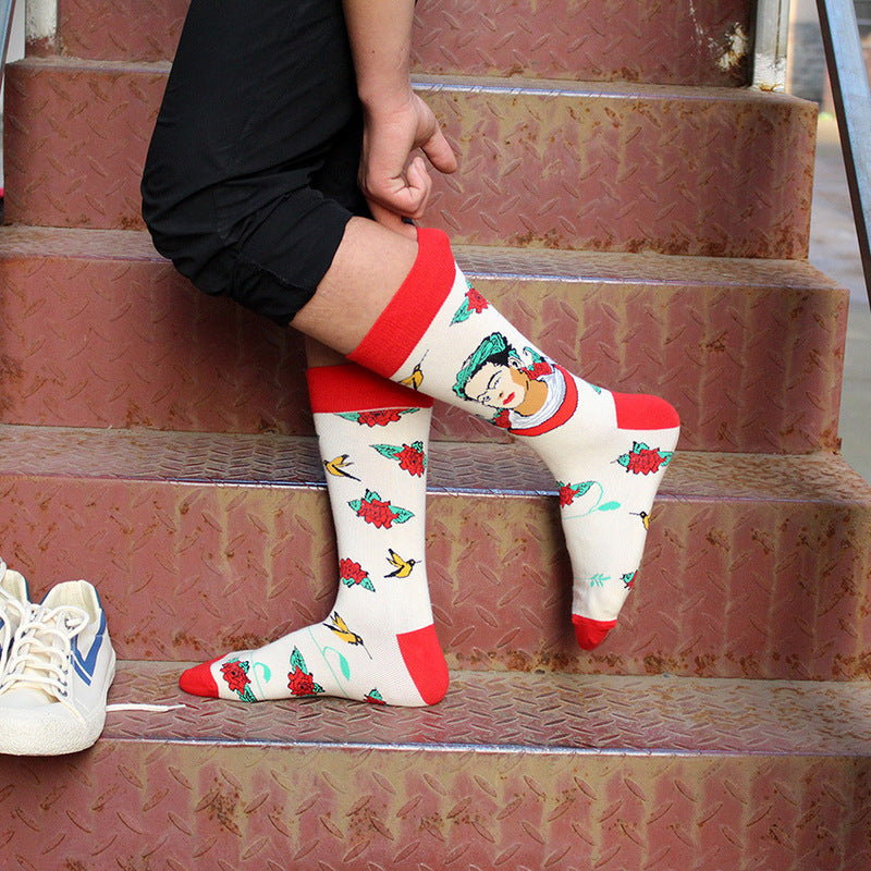 Women Socks Skateboard Doodle Painting Plant Kawaii Funny Happy Casual Female Cotton Hosiery Streetwear Skate Harajuku Pink
