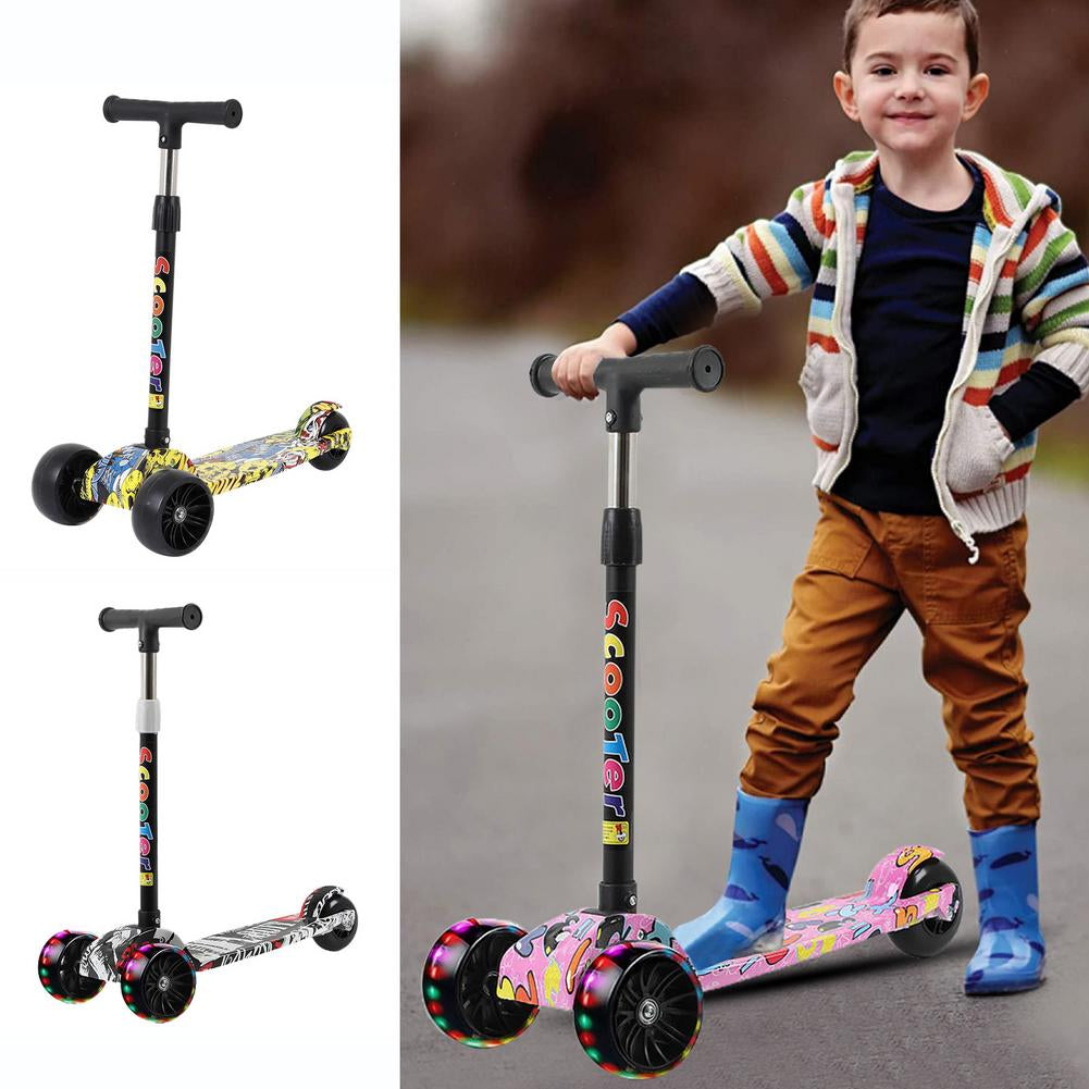 Folding Scooters with 3 Light up Wheel Portable Adjustable Height 5 Levels Widened Pedals Lightweight Scooter for Kids