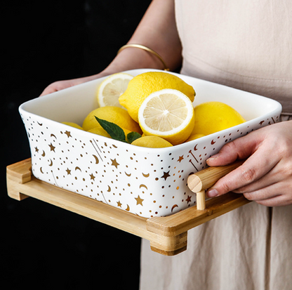 Ceramic Square Bowl with Bamboo Wood Tray