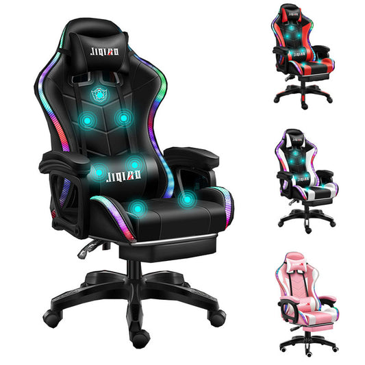 White Pu Leather Swivel Massage Led Gaming Chair With Speakers