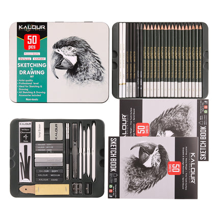 52pcs Sketching and Charcoal Pencil Drawing Set in Tin Box With 2 Sketch Pad