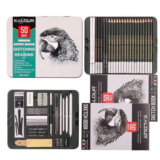 52pcs Sketching and Charcoal Pencil Drawing Set in Tin Box With 2 Sketch Pad