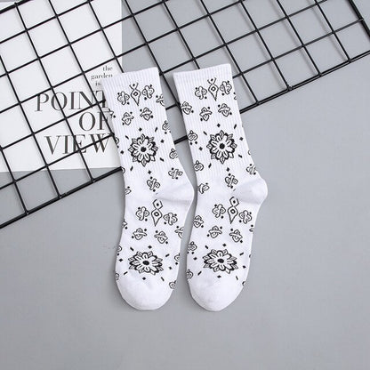 Black White Cotton Funny Flower Socks Bandanna Paisley West Coast Black Hiphop Pop Top Street Skate Fashion Skateboard Youth