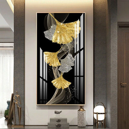 Golden Abstract Banana Leaf 5D Crystal Porcelain Painting
