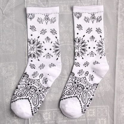 Black White Cotton Funny Flower Socks Bandanna Paisley West Coast Black Hiphop Pop Top Street Skate Fashion Skateboard Youth
