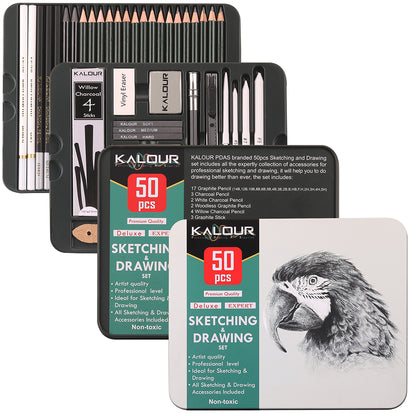 52pcs Sketching and Charcoal Pencil Drawing Set in Tin Box With 2 Sketch Pad