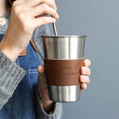 Stainless Steel Coffee Mugs 350ML Tea Cups Big Travel Mugs Camping Mugs Coffee Cup With Straws Lid and Fashion insulated leather