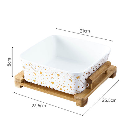 Ceramic Square Bowl with Bamboo Wood Tray